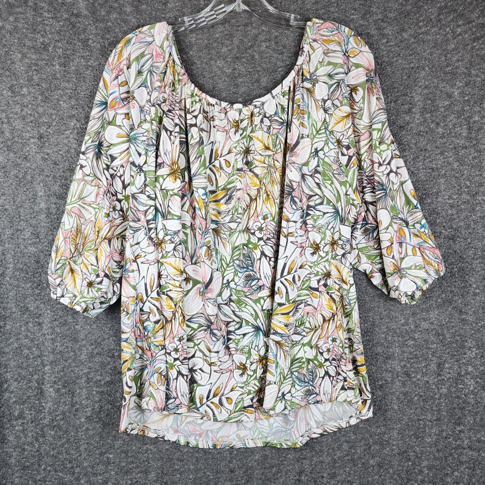 Amana Floral Blouse Womens XL Multicolor Cold Shoulder 3/4 Sleeve Boho Tropical